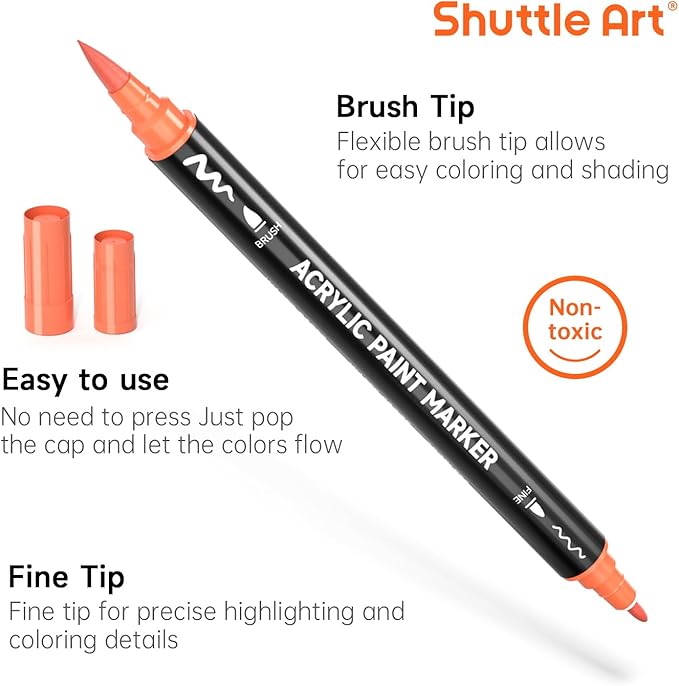Shuttle Art 28 Colors Dual Tip Acrylic Paint Markers, Brush Tip and Fine Tip Acrylic Paint Pens for Rock, Ceramic, Wood, Canvas, Plastic, Glass, Stone, Calligraphy, Card Making, DIY Football Crafts