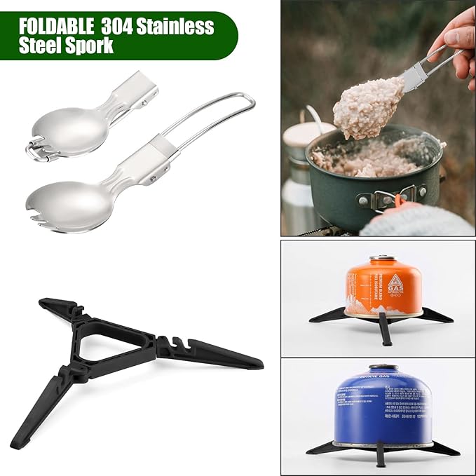 Odoland 8pcs Camping Cookware Mess Kit, Camping Pot and Pan Set with Mini Backpacking Stove, Stainless Steel Cup, Spork and Tank Bracket, Cooking Gear for Outdoor, Hiking, Picnic, Campfire, Green