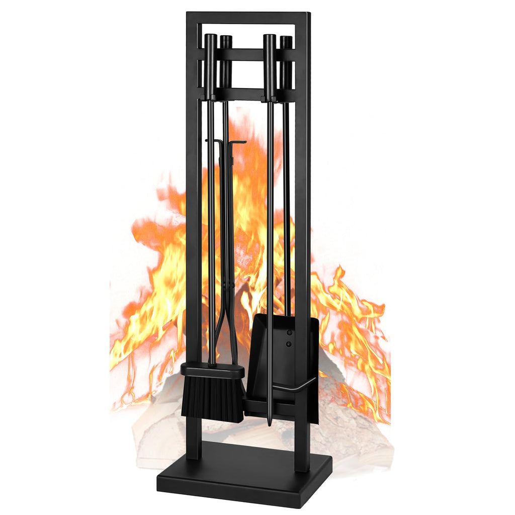 FEED GARDEN 5-Piece Fireplace Tool Set, 30" One-Piece Stand, Wrought Iron