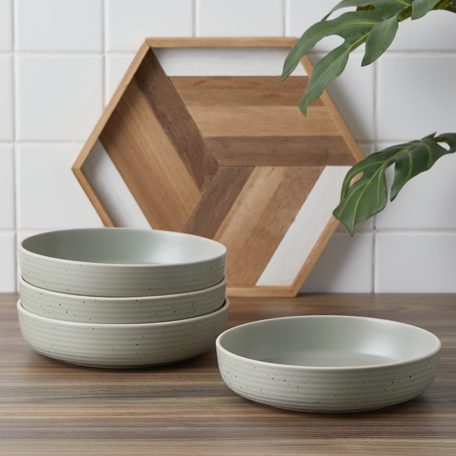 Stone Lain Lauren Stoneware, Rustic Plates and Bowls Set, Dinnerware, Service for 8, Speckled Green, Dishwasher & Microwave Safe, 32-Piece
