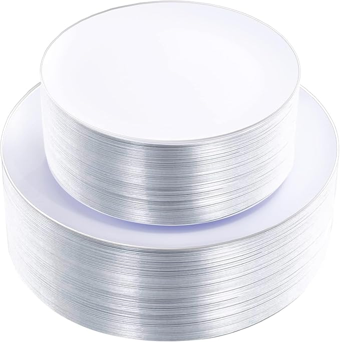KIRE 100PCS Silver Plastic Plates - Heavy Duty White Disposable Plates with Silver Rim for Party/Wedding - Include 50Pcs 10.25inch Dinner Plates and 50Pcs 7.5inch Dessert Plates for Party