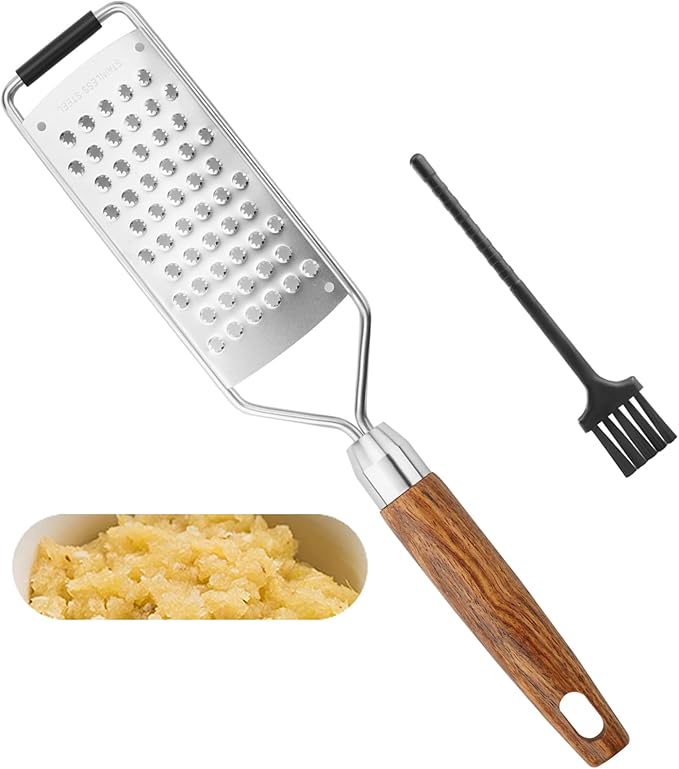 SHIKORI Stainless Steel Cheese Grater with Natural Wood Handle with a Brush