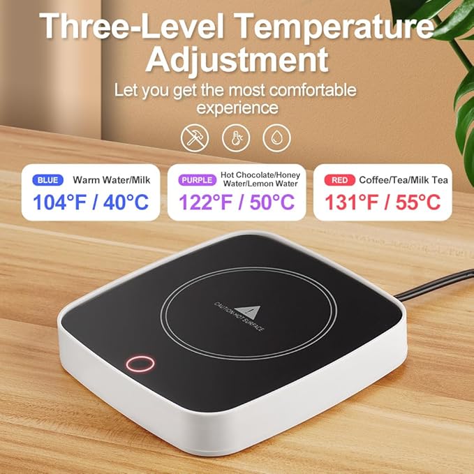 Defashun Coffee Mug Warmer Waterproof Smart Cup Warmer with 3 Temperature Setting for Warming & Heating Coffee, Beverage, Milk, Tea and Hot Chocolate (White)