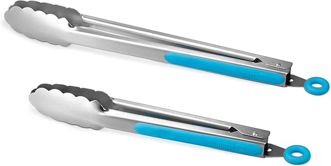 Premium 304 Stainless Steel Tongs Set – 12" Grill Tongs & 9" Cooking Tongs, Heat Resistant up to 600°F, Wavy Grip Head, Non‑Slip Handle with Locking Clip & Hanging Loop, Dishwasher Safe, Blue