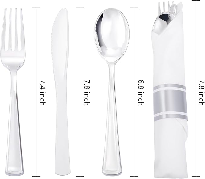 Liacere 100 Pack Silver Plastic Silverware-Pre Wrapped cutlery and Napkin-Pre Rolled Silverware Disposable 100 Forks, 100 Knives 100 Spoons, 100 Napkins Plastic Utensils＆Wedding