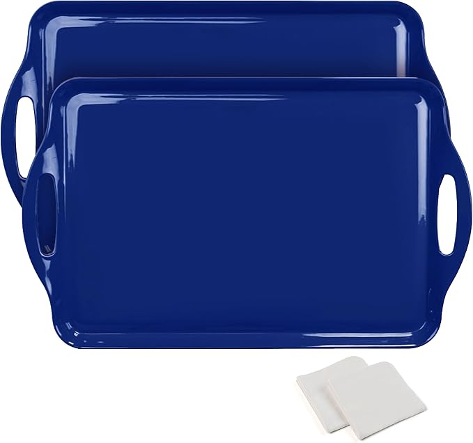 Extra Large Melamine Platters, 19''x11.6'' Serving Tray with Handles for Cookie, Cupcakes, Desserts, Dishwasher Safe, Ottoman Tray Decor, Set of 2, 2 pcs Mats Included (Blue)