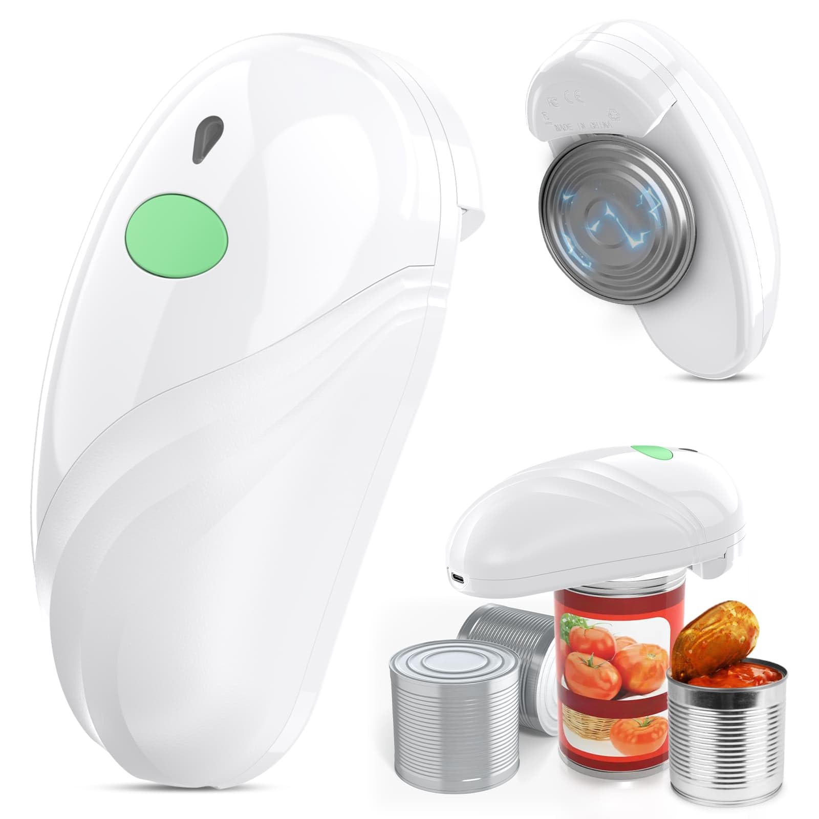 HuiJuKeJi Electric Can Opener, Rechargeable Automatic Can Opener for Seniors with Arthritis, One-Touch Hands-Free Can Opener for Almost Can Sizes, Smooth Edge & Food-Safe Kitchen Gadgets-White