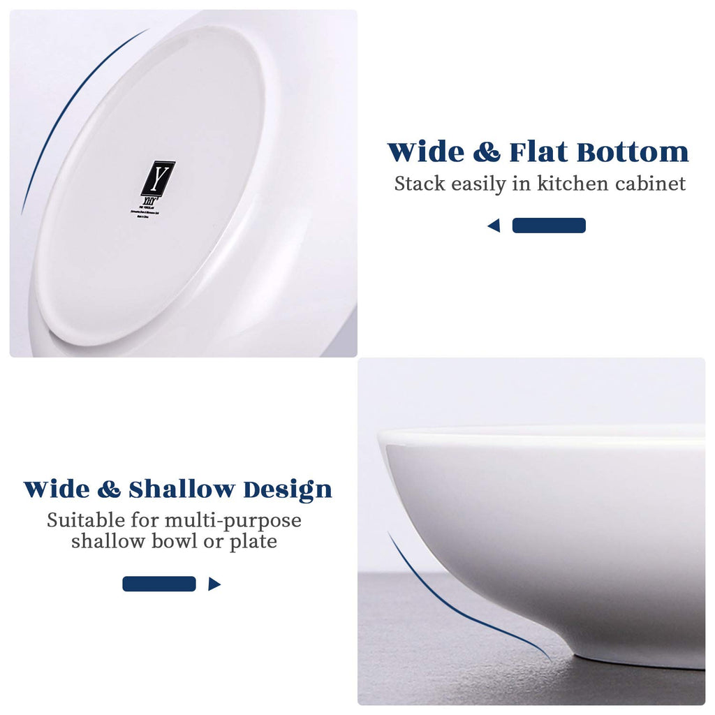 Y YHY Pasta Bowls 32oz, Ceramic Large Salad Serving Bowls, White Pasta Bowls Set, Shallow Soup Bowl Set of 4, Microwave & Dishwasher Safe