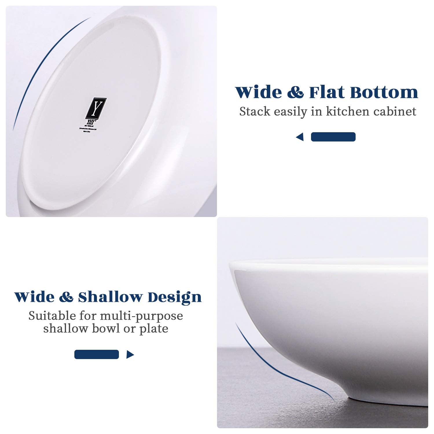 Y YHY Pasta Bowls 32oz, Ceramic Large Salad Serving Bowls, White Pasta Bowls Set, Shallow Soup Bowl Set of 4, Microwave & Dishwasher Safe