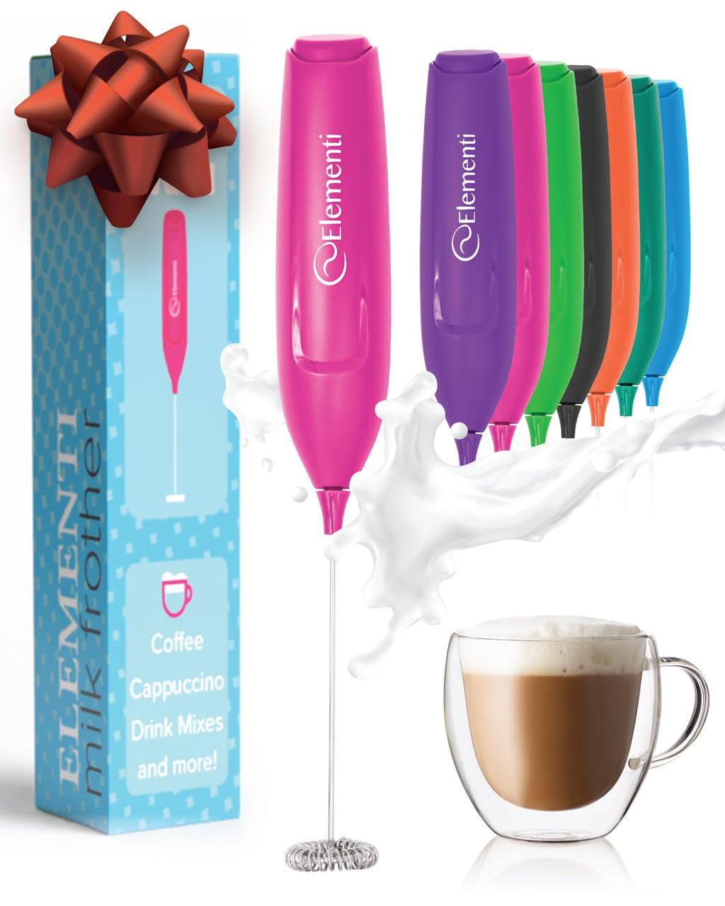 Elementi Pink Milk Frother Wand & Matcha Mixer, Mini Electric Whisk - Coffee Mixer Wand - Coffee Stirrers Electric Matcha Whisk (Hot Pink)