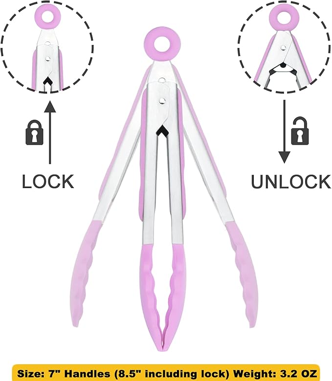 HINMAY Small Serving Tongs with Silicone Tips 7-Inch Mini Tongs, Set of 3 (Pink)