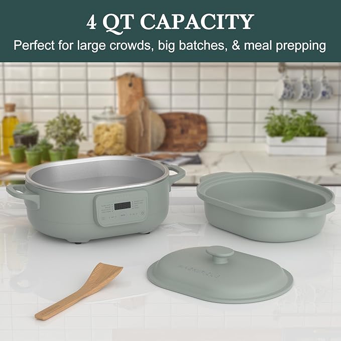 4 Quart Claypot Slow Cooker with Flexible Easy Programming, 8-in-1 Multi Cooker, Removable Crock, Nonstick, Oven Safe Pot to 450°F, Olive