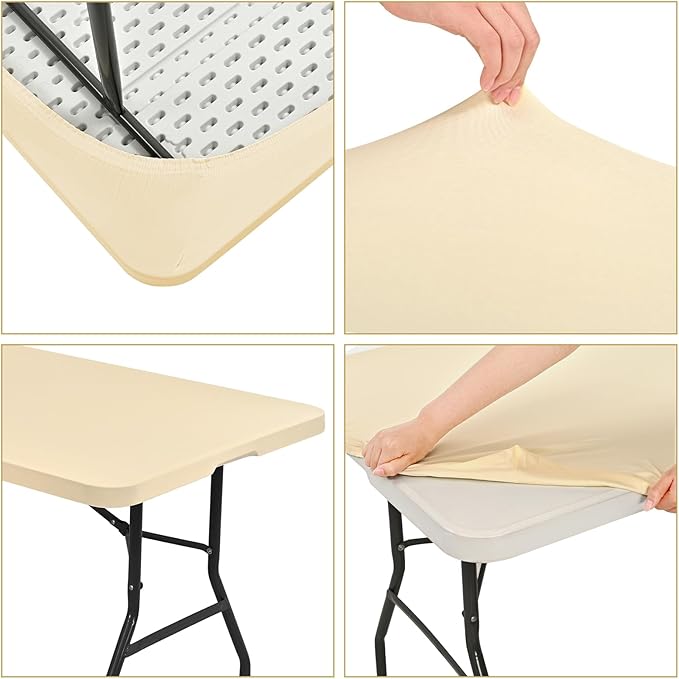 REWOMC 6 Pack Stretch Fabric Table Top Cap Cover, fits 6' Tables, Spandex Table Covers Washable Elastic Rectangle Tablecloth Protector for Indoor Outdoor Party Picnic Wedding, Beige, 30" W x 72" L