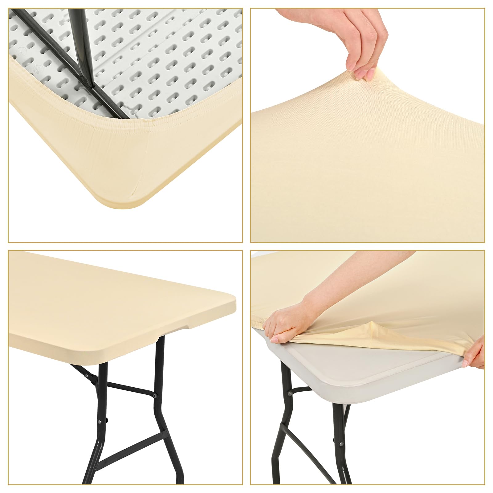 REWOMC 6 Pack Stretch Fabric Table Top Cap Cover, fits 8' Tables, Spandex Table Covers Washable Elastic Rectangle Tablecloth Protector for Indoor Outdoor Party Picnic Wedding, Beige, 30" W x 96" L