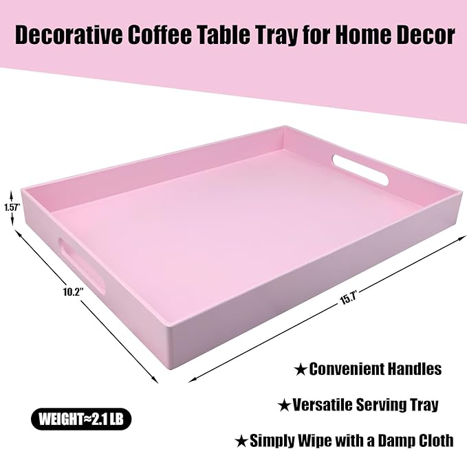 SforGUVA Pink Serving Tray for Coffee Table, Rectangular Plastic Decorative Tray with Handles for Entertaining, Outdoor Patio, Living Room, Ottoman, Bathroom Counter, 11.8”*15.7”*1.6”