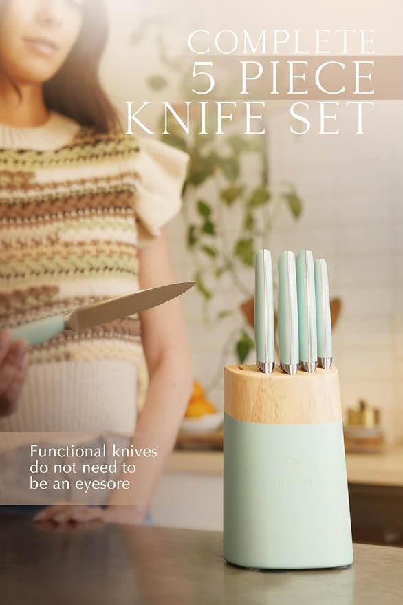 LORDELLE Knife Block Set - 5 Piece Set - Coastal Green - Lifestyle Home Kitchen Design - German X50 Stainless Steel - ABS Handle - Ash Wood Block - Cooking Chef Knife, Santoku, Paring, Utility