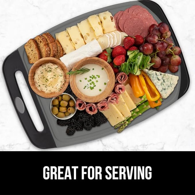 GORILLA GRIP BPA-Free Reversible Kitchen Cutting Board Set of 3, US Designed, Nonporous, Juice Grooves Catch Liquid, Slip Resistant Border, Dishwasher Safe, Durable Food Chopping Boards, Gray Black