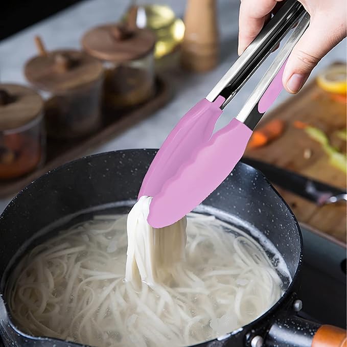 HINMAY Small Serving Tongs with Silicone Tips 7-Inch Mini Tongs, Set of 3 (Pink)
