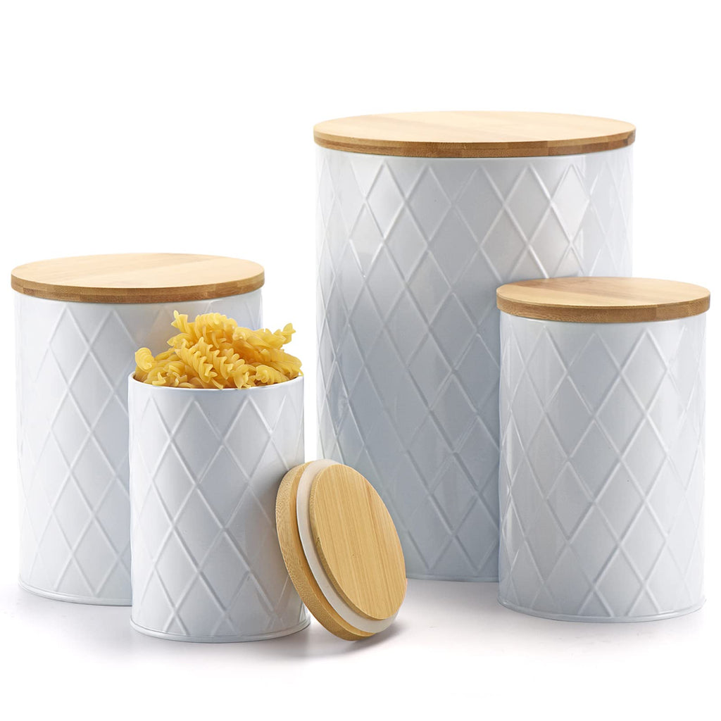 Kazozobi White Kitchen Canisters Set with Bamboo Lids, Airtight Sugar, Flour, Coffee, Cookie Storage Canister Sets for kitchen Countertop, Farmhouse kitchen decor, 4 Pack