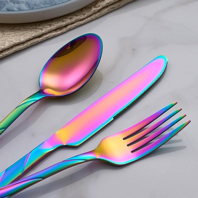 Seeshine Rainbow Silverware Set for 6, 30-Piece Stainless Steel Flatware Set, Shiny Rainbow Metal Cutlery Set, Include Fork, Knife and Spoon Set, Dishwasher Safe