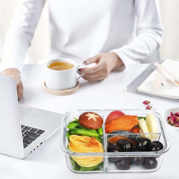 M MCIRCO 5 Pack,36 oz, 3 Compartments Glass Meal Prep Containers with Lids