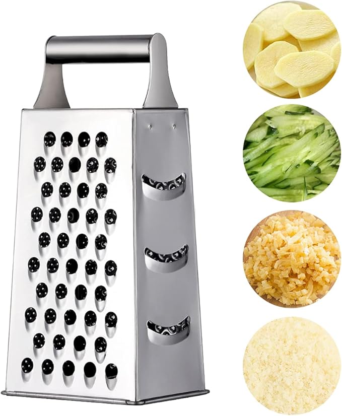 TEAHAHA 4 Sides Box Grater For Kitchen,Stainless Steel Cheese Grater With Handle,Multi-Function Vegetable Slicer Food Shredder For Chees,Ginger,Vegetables,Dishwasher Safe, Silver
