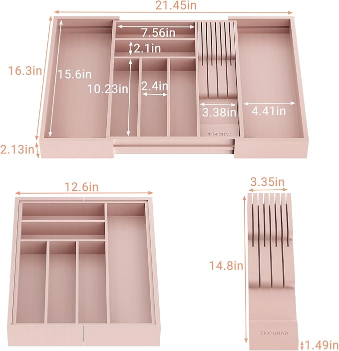 TIOPGHAD Expandable Bamboo Silverware Drawer Organizer Tray, Grey Pink