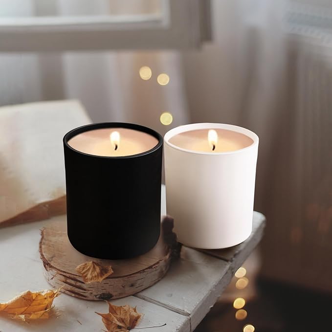 SHOWIN 12 OZ Thick Candle Jars for Making Candles 12 Pcs, Empty Jars with Wood Lids for Spice Jars, Sample Container, Matte Black