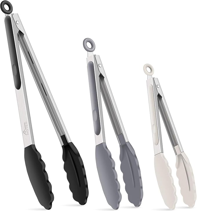 HOTEC Premium Stainless Steel Locking Kitchen Tongs with Silicon Tips, Set of 3-7", 9" and 12", Black, Grey, White