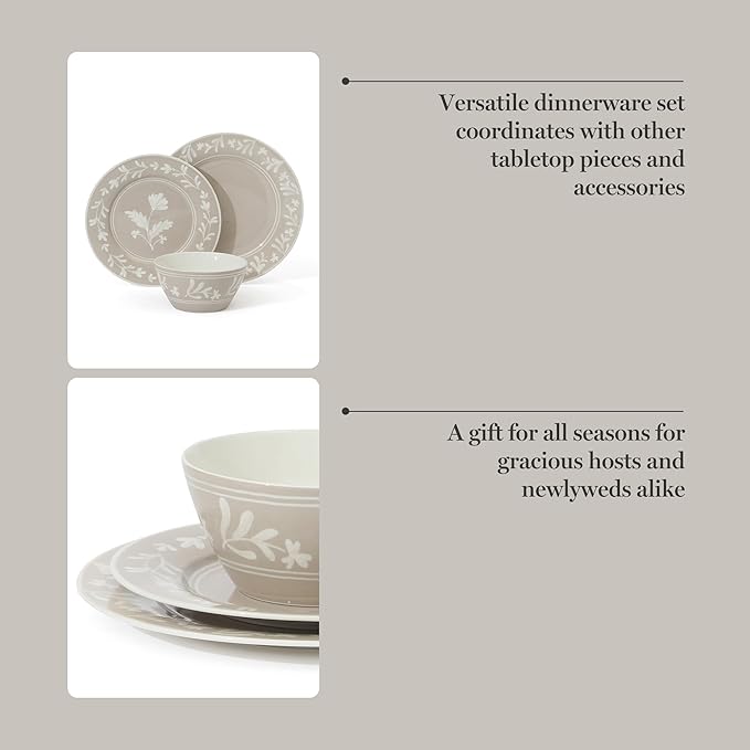 Martha Stewart Dinnerware Set - Maiden Crown 12-Piece Dish Set, Taupe – New Bone China Ceramic Plates & Bowls – Floral Design – Service for 4 – Microwave & Dishwasher Safe