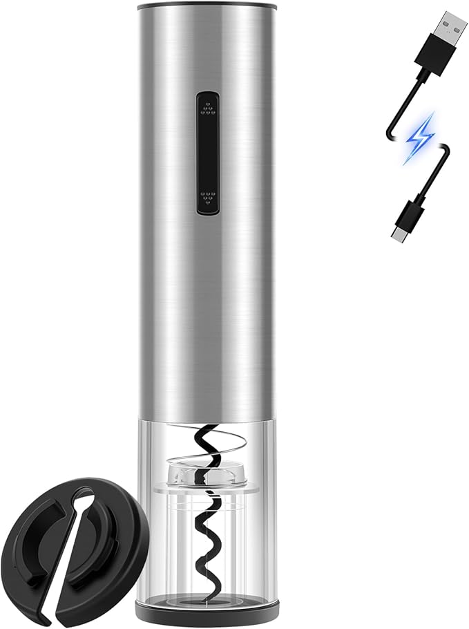 QIKPCK Electric Wine Opener Rechargeable–USB-C Charging, Wine Opener Electric with Foil Cutter, Electric Wine Bottle Opener, Electric Corkscrew Wine Opener, Stainless Steel, Must-Have for Wine Lovers