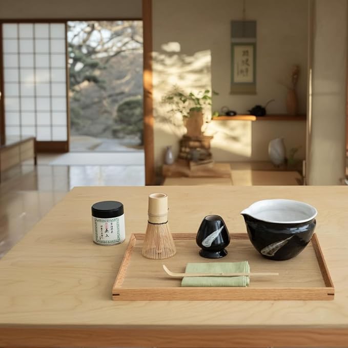 WUSEI Matcha Set with Handmade Ceramic Bowl & Bamboo Whisk, Ink Black,6-Pc