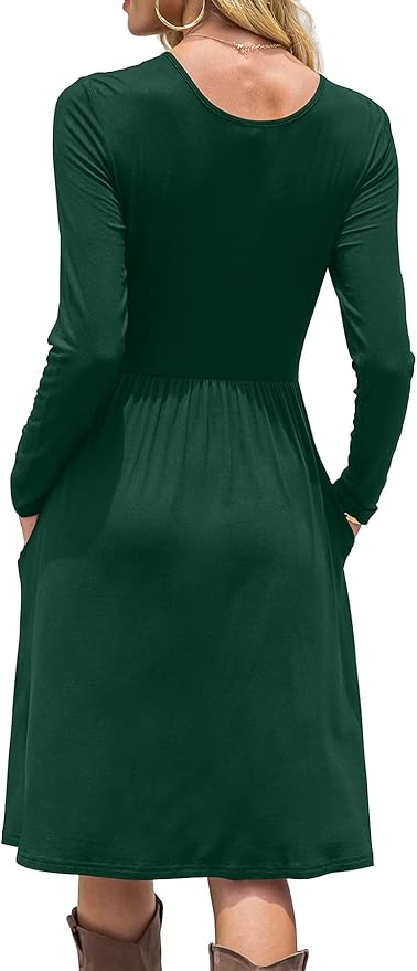 DB MOON Women Casual Long Sleeve Dresses Knee Length Loose Dark Green Dress with Pockets L