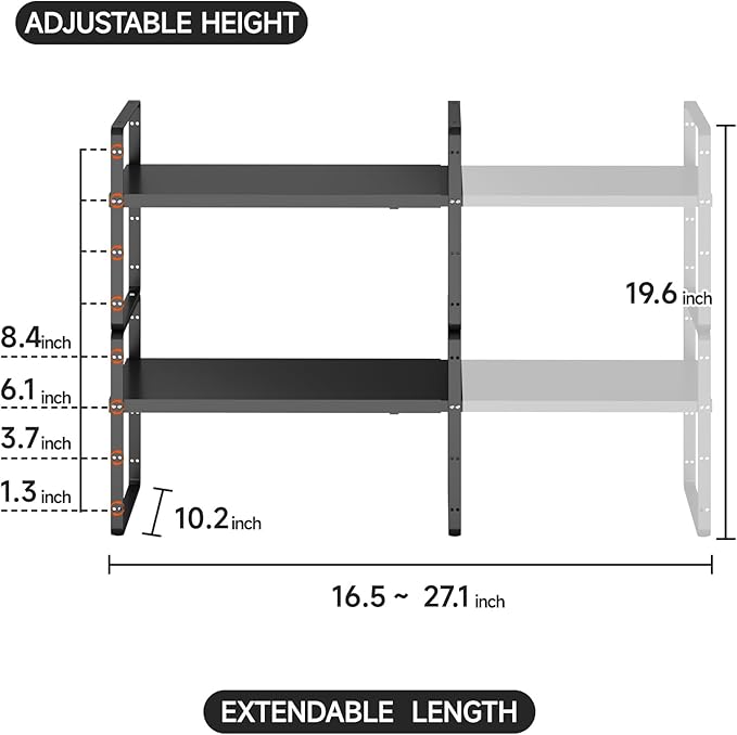 jkxoo 2pcs Expandable Cabinet Shelf Organizer, 16.5"~27''L, Black