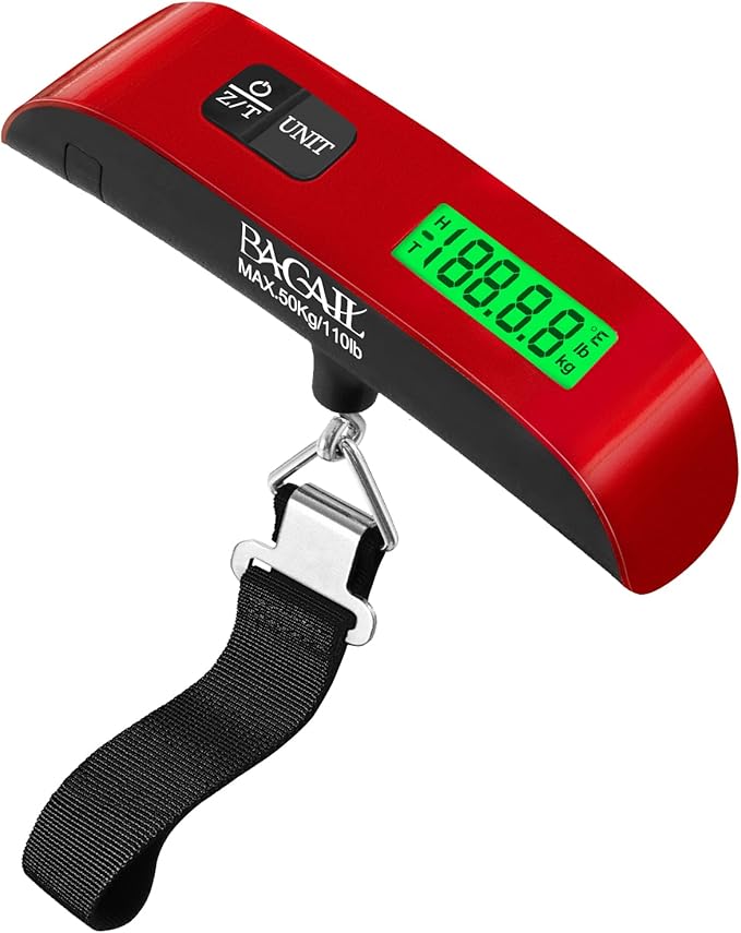 BAGAIL Digital Luggage Scale,110lbs Hanging Baggage Scale with Backlit LCD Display,Portable Suitcase Weighing Scale,Travel Luggage Weight Scale with Hook,Strong Straps for Travelers(Red)