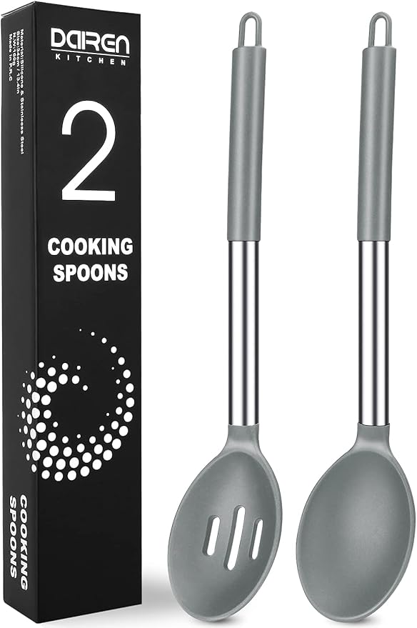 Pack of 2 Large Silicone Cooking Spoons, BPA Free Kitchen Scoops (Grey)