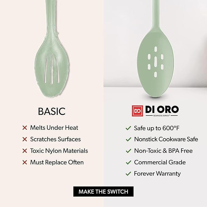 DI ORO Silicone Cooking Spoons - Solid & Slotted Set, 2-Pc Sage