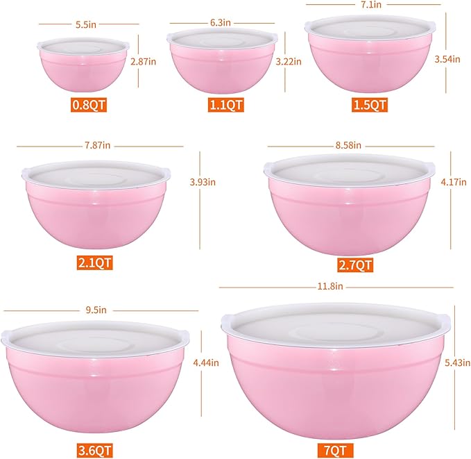 LKTDYMEG Pink Mixing Bowls with Lids Set of 7, Stainless Steel Nesting Bowl with Khaki Lid for Non-slip Mixing Prepping Storing Serving, 7 Sizes-7/3.6/2.7/2.1/1.5/1/0.8 QT