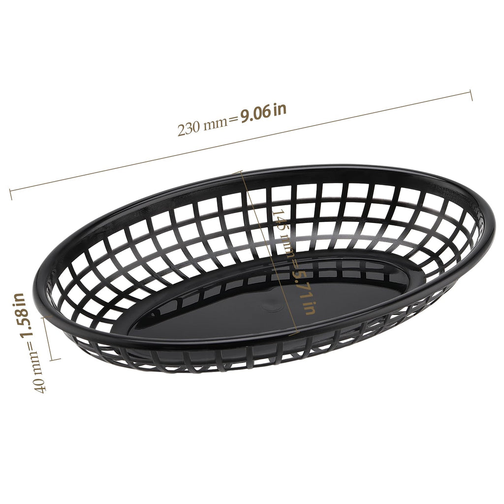 HEIHAK 80 Pack 9x5.7x1.6 Inch Black Plastic Fast Food Baskets, Restaurant Serving Basket, Oval Fast Food Serving Baskets for Picnic, Deli Serving, Chicken, Burgers and Fries