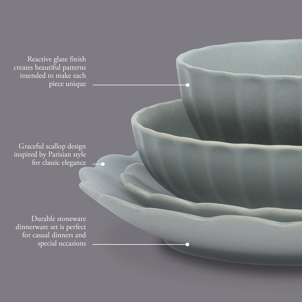 Gibson Elite Malibu Shore 16 Piece Scallop Stoneware Reactive Glaze (Service for 4) Ceramic Plates and Bowls Dinnerware Set - Blue