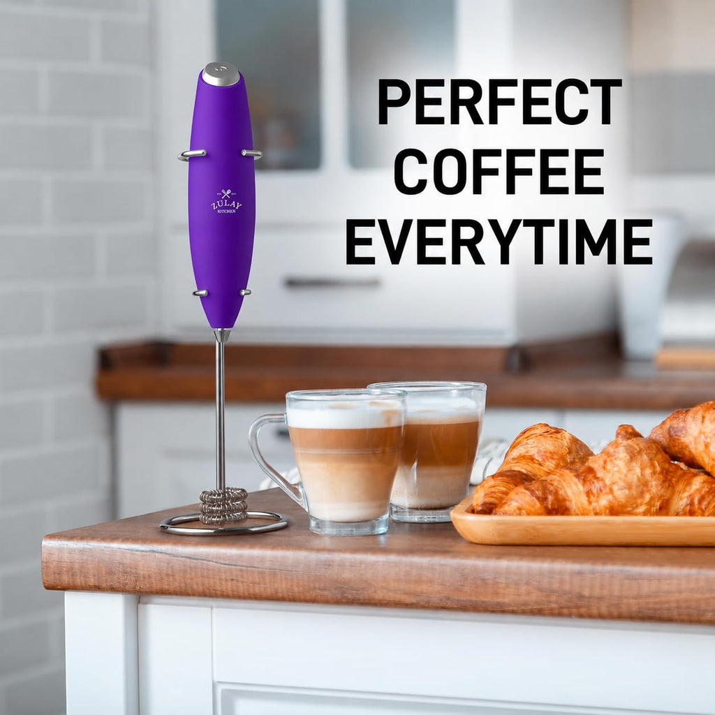 Zulay Kitchen Powerful Milk Frother Wand With Duracell Batteries - Ultra Fast Handheld Drink Mixer - Electric Whisk Foam Maker for Coffee, Lattes, Cappuccino & Matcha - Triple Whisk - Black