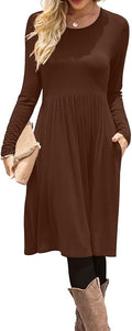 DB MOON Women Casual Long Sleeve Dresses Empire Waist Loose Dress with Pockets (Brown 02, 2XL)