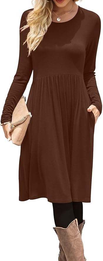 DB MOON Women Casual Long Sleeve Dresses Empire Waist Loose Dress with Pockets (Brown 02, XL)