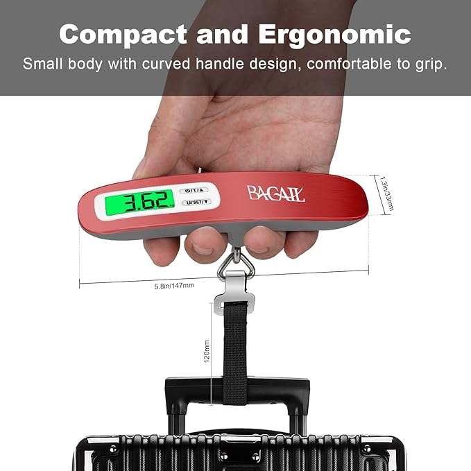 BAGAIL Digital Luggage Scale,110lbs Hanging Baggage Scale with Backlit LCD Display,Portable Suitcase Weighing Scale,Travel Luggage Weight Scale with Hook,Strong Straps for Travelers(Bright Red)