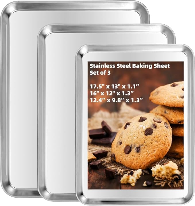 Baking Sheet Set of 3, Stainless Steel Baking Pans, 12/16/17.5 Inch