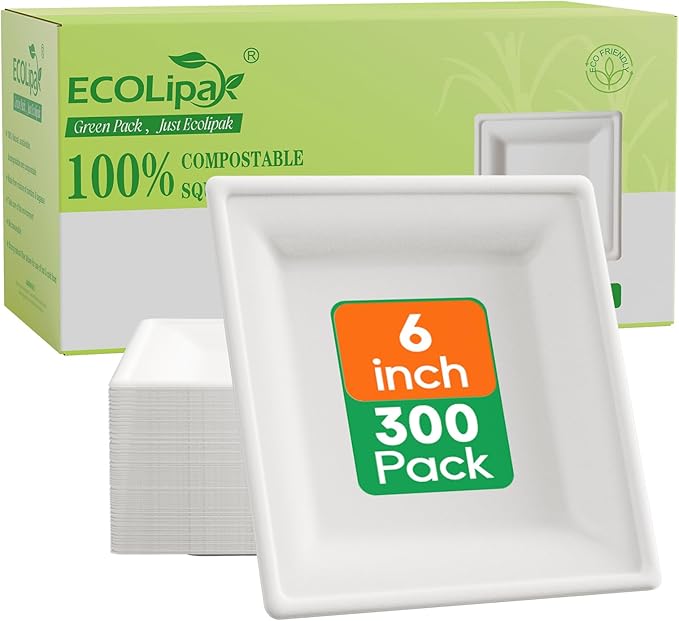 ECOLipak 6 Inch Compostable Square Paper Plates, 300 Count Appetizer Plates