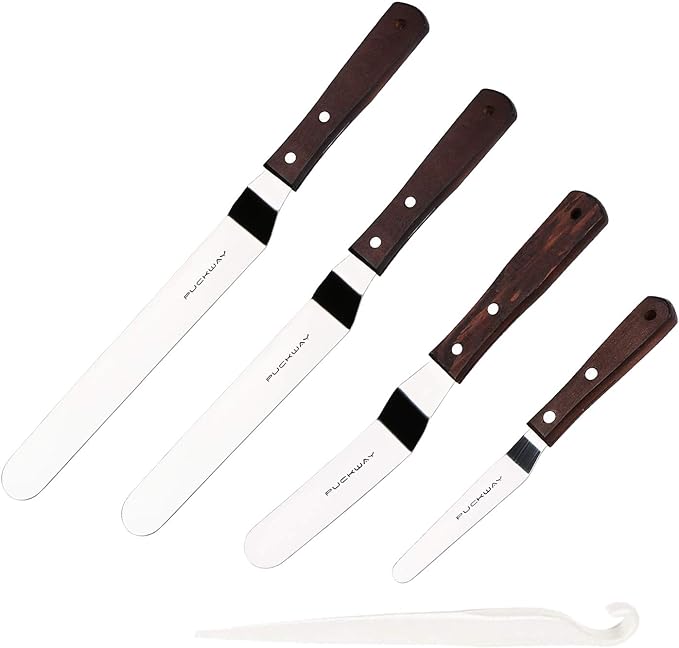 PUCKWAY 4 PCS Cake Decorating Icing Spatula set with 4, 6, 8 & 10 Inch Stainless Steel Blade, Wood Handle Frosting Spatulas and Cake Stripping Tool