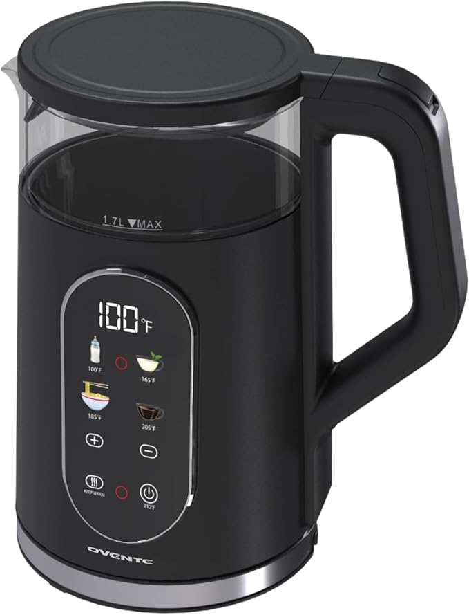 OVENTE 1.7L Electric Kettle with Digital Touchscreen, 1500W, Black KD96B