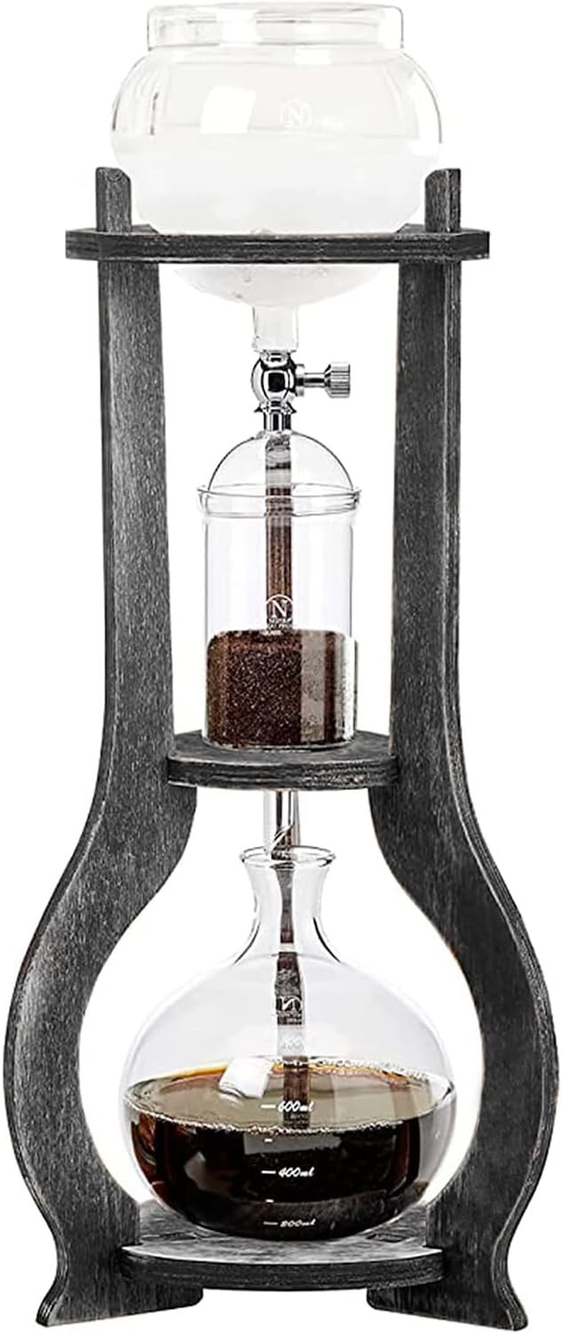 Uphilltool Cold Brew Drip Coffee Maker, 600ml/20.29 Ice Coffee Brewer Machine Cold-Drip Coffee Tower with Glass Container Wood Stand for Home Office