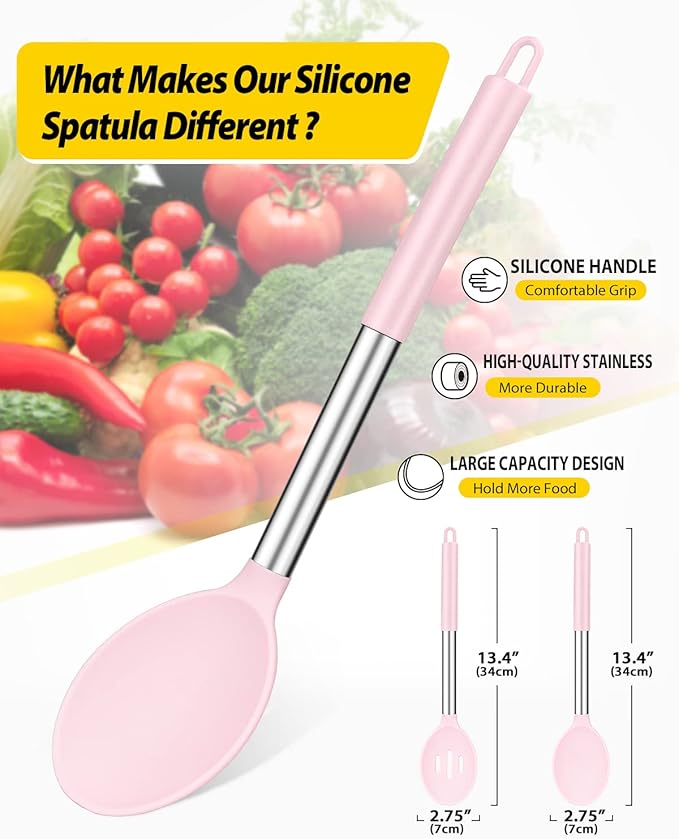 BUNDLEPRO Silicone Cooking Spoons for Non Stick Cookware, 2 Pack, Pink